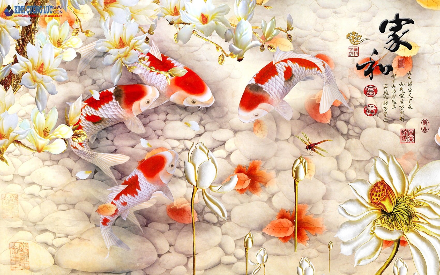 Tranh kính cửu ngư - Tranh kính cá chép và hoa sen